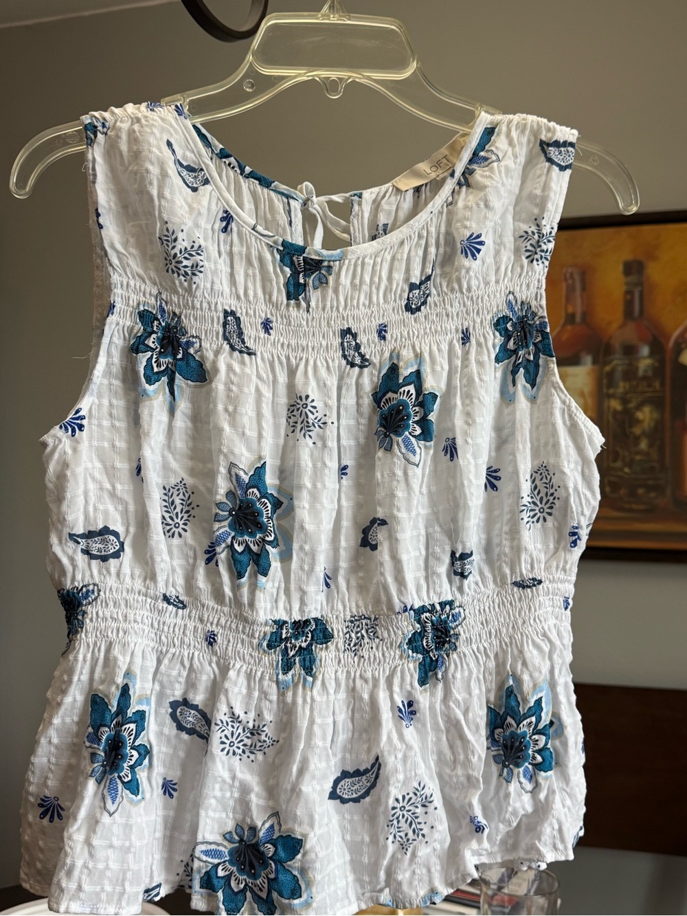 LOFT White Sleeveless Top with Blue Floral Print